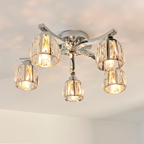 Ria Premium Faceted Glass Crystals 5 Lights Semi Flush Ceiling Light In Chrome