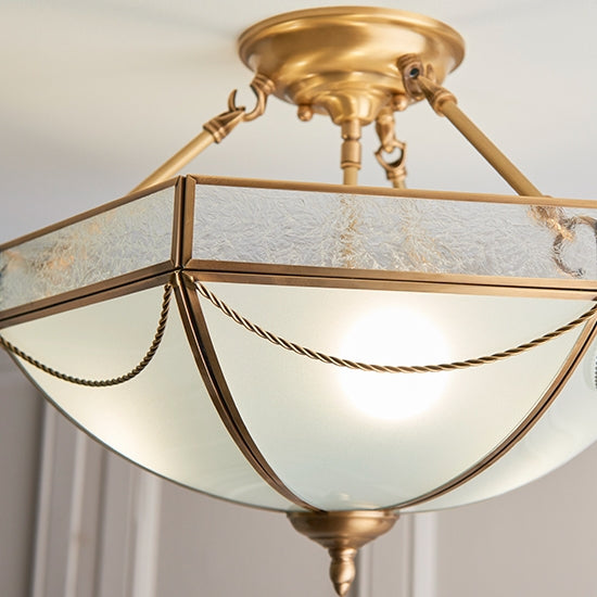 Russell 3 Lights Frosted Glass Semi Flush Ceiling Light In Antique Brass