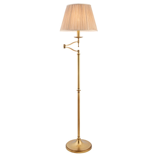 Stanford Swing Arm Beige Shade Floor Lamp In Antique Brass