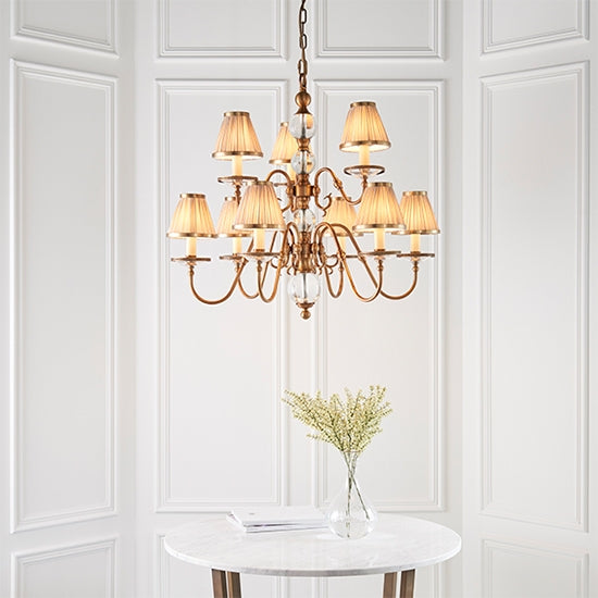 Tilburg 9 Lights Ceiling Pendant Light With Beige Shades In Antique Brass