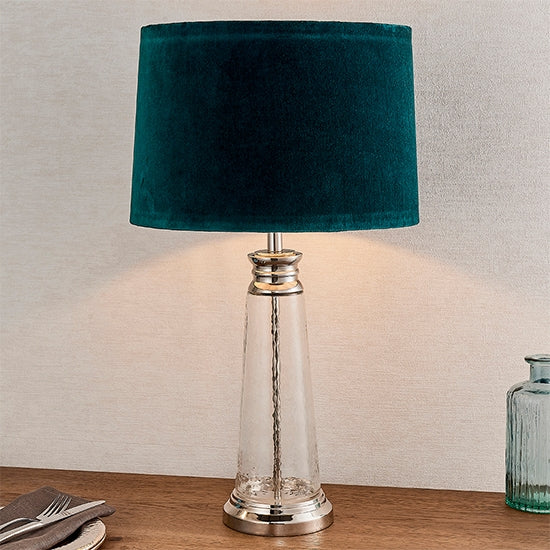 Winslet Teal Velvet Tapered Shade Table Lamp In Clear Glass Base
