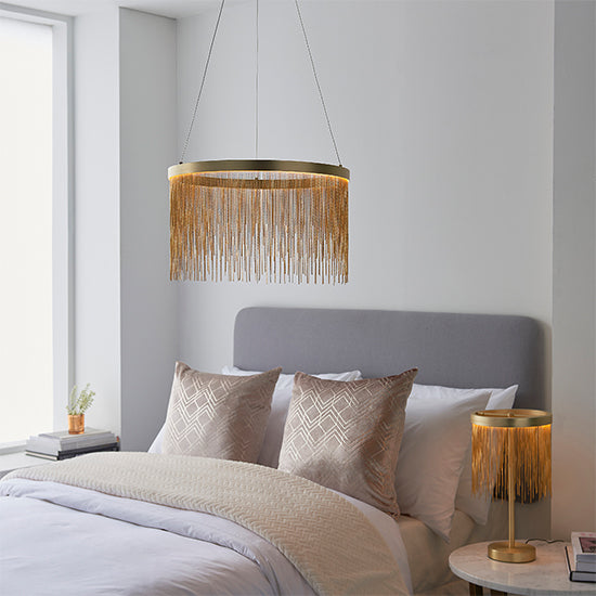 Zelma Ceiling Pendant Light In Satin Brass With Gold Effect Chains